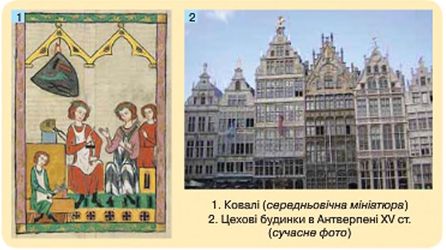 1. Ковалі (середньовічна мініатюра). 2. Цехові будинки в Антверпені XV ст. (сучасне фото)